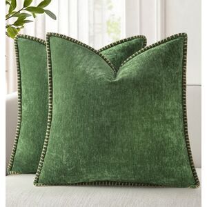 Set of 2, 18 x 18 inch, Throw Pillow Covers (Forest Green, Tan Stitched Edge)